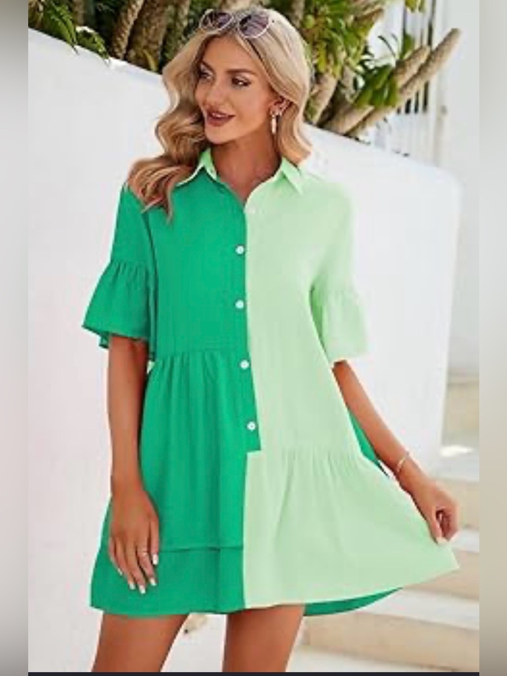 Green Two-Tone Ruffle Flowy Sleeve Women’s Relaxed Shirt Dress Size Large